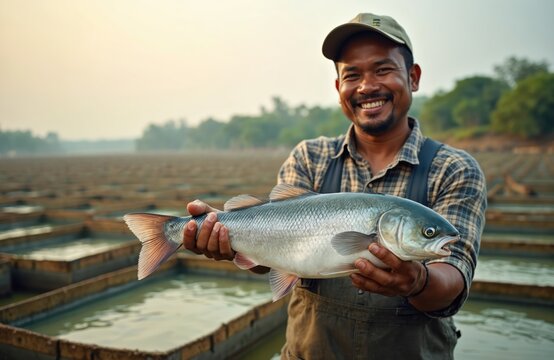 Asian man smiles holding large tilapia fish he caught from aquaculture farm ponds. He wears overalls and a cap, happy with his fresh catch, promoting sustainable fishing.