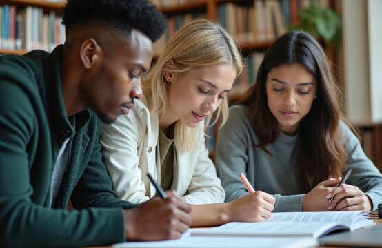 Diverse students collaborate on assignment in library. Young adults learn together writing notes for college project. They focus on study material at desk.