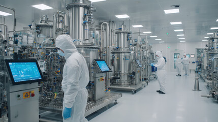Workers in sterile white cleanroom suits monitoring complex stainless steel bioprocessing equipment and digital screens in a pharmaceutical or biotech manufacturing facility.