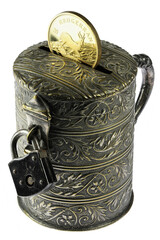 vintage coin bank with South African 1 ounce gold bullion coin isolated on white background