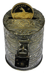 vintage coin bank with South African 1 ounce gold bullion coin isolated on white background