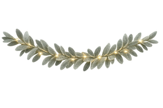 Christmas decoration with frosted lamb's ear leaves garland and warm string lights, creating festive atmosphere - Powered by Adobe