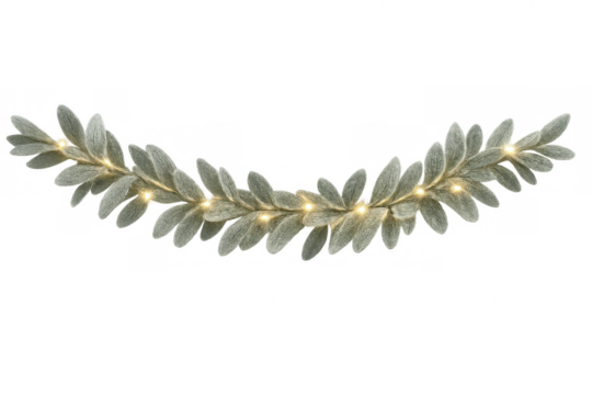 Christmas decoration with frosted lamb's ear leaves garland and warm string lights, creating festive atmosphere