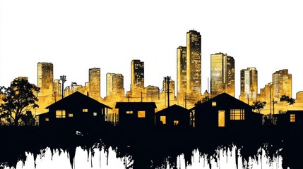 Silhouette of urban skyline with modern buildings and houses, featuring bold colors and striking contrast.