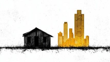 A striking contrast between a rustic hut and modern skyscrapers, symbolizing urbanization and progress.