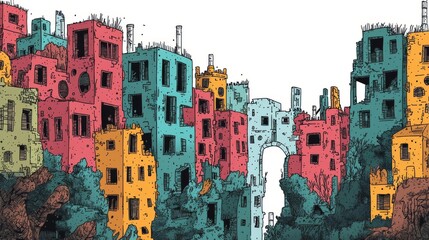 Vibrant illustration of colorful urban buildings with unique architecture surrounded by green trees.