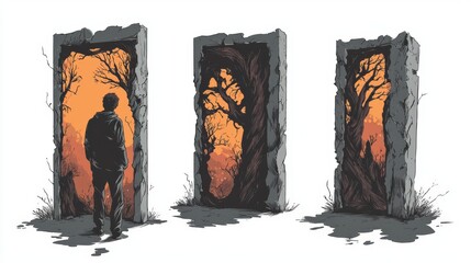 A figure stands before three doorways, each revealing a unique, vibrant sunset scene through twisted trees.