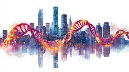 A dynamic city skyline with a colorful DNA strand, symbolizing the intersection of urban life and biology.