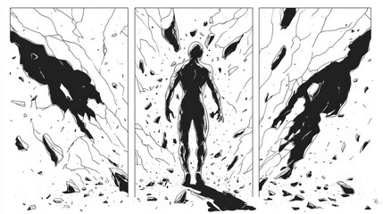 A striking black-and-white illustration of a figure breaking through barriers, symbolizing resilience and transformation.