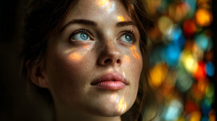 Light rays entering through stained glass casting colors on thoughtful face 