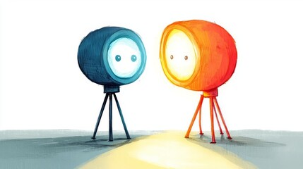 Two whimsical lamps with friendly expressions sharing a glowing moment, showcasing creativity and warmth.
