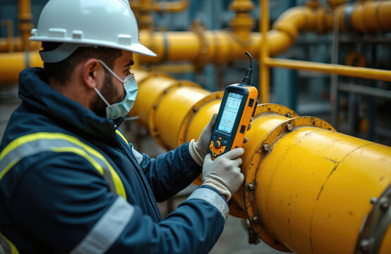 Worker with mask and helmet uses device to inspect yellow industrial pipes. Technician checks pipeline system for oil or gas. Safety and quality control at plant site.