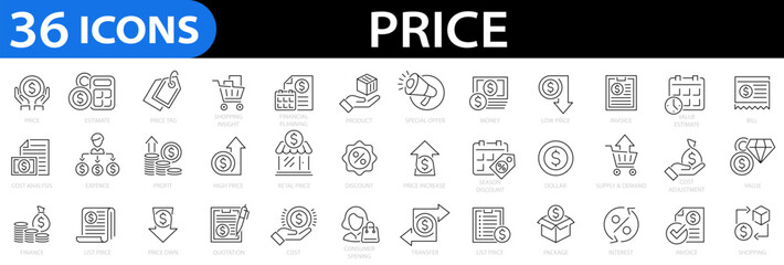 Price line icon set. Product, calculator, expensive, price tag, cost, quotation, invoice, list price, estimate, special offers and more. Vector illustration.