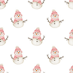 Watercolor seamless pattern with cute snowmen in pink hat and scarf on white background. Perfect for Christmas wrapping paper, cards, textile and festive projects.