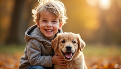Happy child, golden retriever puppy smile, sit on ground. Boy hugs dog in autumn park, surrounded by colorful fall leaves. Child, pet friend play outdoors, enjoying nature. Joyful kid, loyal