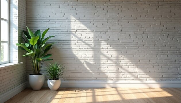 Empty room white brick wall, wooden floor. Sunlight streams through window, casting shadows. Two green plants sit in pots near bright window. Clean interior background for online presentations,