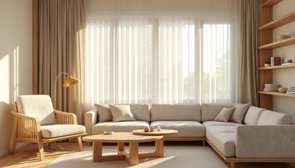 Fototapeta premium Sunlit minimalist living room has L shaped sofa, wooden armchair, and coffee tables. Light wood shelves display decor items near beige curtains and vertical blinds covering large window.