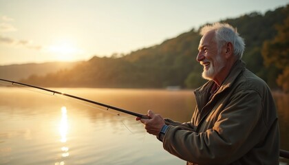 Smiling elderly man stands by calm lake at sunrise. Holds fishing rod, enjoying peaceful morning outdoors. Sun shines over hills, reflecting on water. Active, healthy senior lifestyle, enjoying