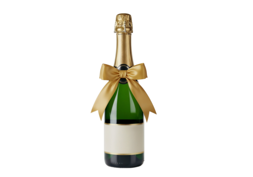 Champagne bottle with golden ribbon on a white background