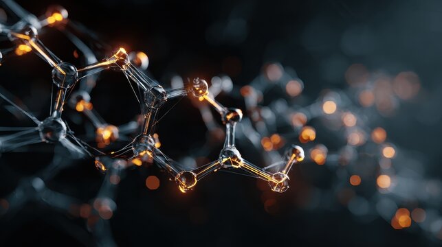 abstract molecular structure with glowing connections and dark background showcasing scientific innovation