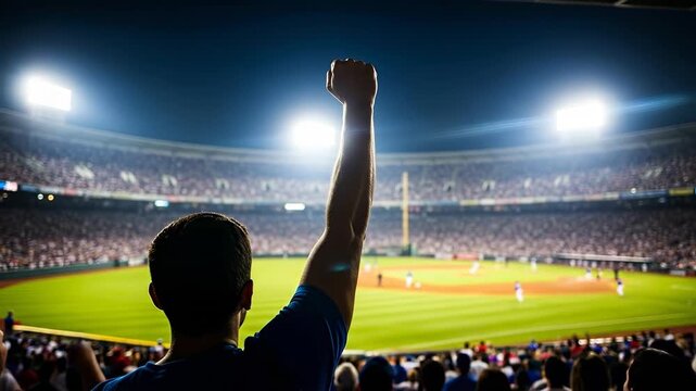 Excited Fans Cheer at Baseball Game Under Bright Stadium Lights.