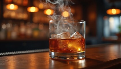 Obraz premium Glass of whiskey with ice and smoke on wooden bar counter. Smoky bourbon cocktail is served on rocks in dark pub. Alcoholic beverage in lounge with warm bokeh lights creating cozy nightlife mood.