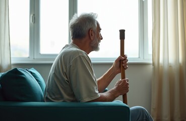 Lonely older man with gray beard sits on sofa holding walking stick. He gazes out window, pensive. Elderly man rests at home after injury or illness.