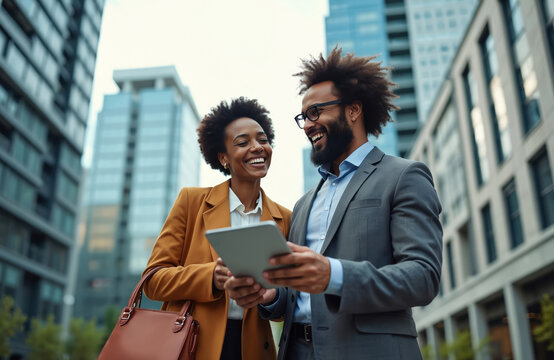Diverse coworkers smile, discuss project on tablet outside modern office building. Young professionals, colleagues in business attire collaborate, share ideas, enjoy city street meeting.