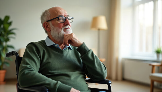 Disabled senior man in wheelchair feels loneliness at nursing home. Thoughtful elderly person with beard, glasses looks away, thinking. Old grandfather sits alone in room, contemplates life,