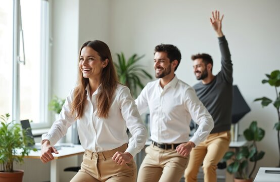 Smiling diverse colleagues perform stretching exercises in modern office break room. Team members enjoying physical activity for wellness and improved focus at work.