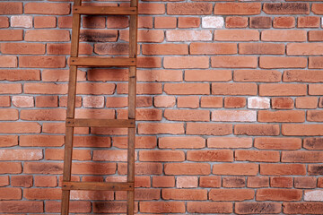 Brick wall and wooden stairs, background for design. Red old brick