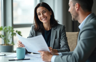 Smiling pro woman meets with business partner. Review important documents, discuss reports, plans in modern office. Professionals collaborate on paperwork, happy partnership for successful work,