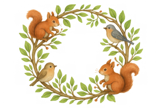 Forest animals watercolor illustration forming a natural green foliage wreath with squirrels and birds, transparent background