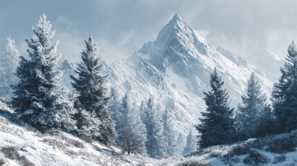 Fototapeta premium snowy mountain landscape with frosty trees in winter nature
