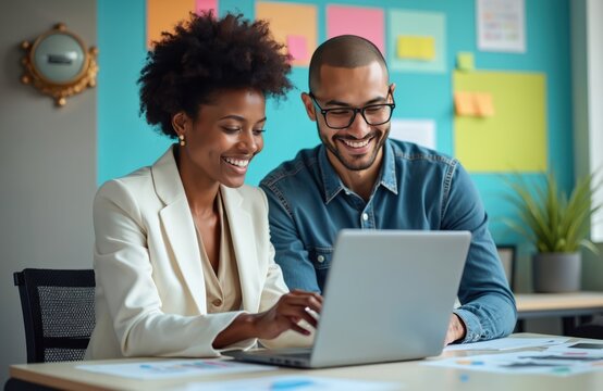 Diverse team people work together in modern office. Man woman review project on laptop. Happy colleagues collaborate at workplace. Digital tech app development at company.