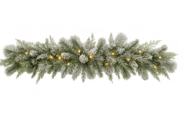 Winter festive garland with snow frosted pine branches, pinecones, and warm string lights on transparent background