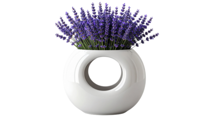 Donut-shaped white mirror vase with lavender branches, minimal floral decor. Elegant, modern design ideal for home decor, branding, and creative projects.
