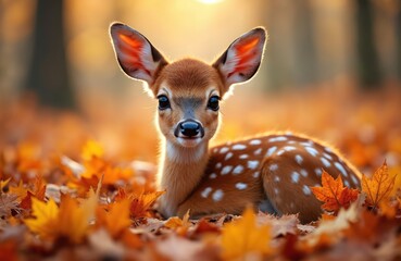 Small spotted fawn rests in autumn forest floor covered with orange leaves. Cute baby deer sits among fall foliage in warm sunlight. Gentle woodland creature looking to camera.