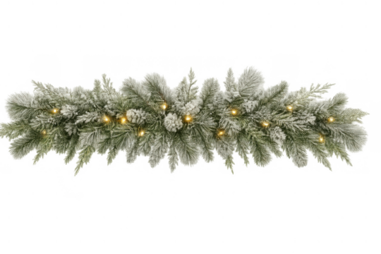 Winter festive garland with snow frosted pine branches, pinecones, and warm string lights on transparent background