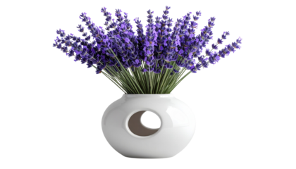 Donut-shaped white mirror vase with lavender branches, minimal floral decor. Elegant, modern design ideal for home decor, branding, and creative projects.