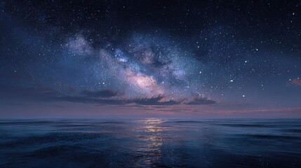 celestial seascape milky way galaxy over calm ocean at night