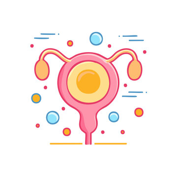 Stylized illustration of female reproductive system ovaries and uterus with ovum and surrounding abstract elements