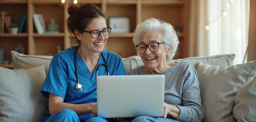 Fototapeta premium Nurse consults elderly woman with laptop on sofa at home. Senior patient smiles, discussing health results with medical caregiver in cozy living room, remote medicine consultation.