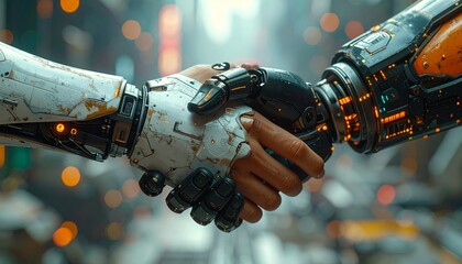 Inter-species Agreement: A close-up shot that captures the striking handshake between a human hand and a robotic hand, in a setting that symbolizes partnership and progress. 