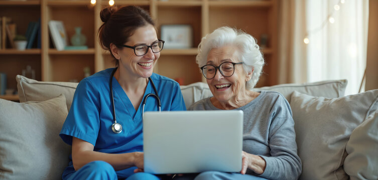 Nurse consults elderly woman with laptop on sofa at home. Senior patient smiles, discussing health results with medical caregiver in cozy living room, remote medicine consultation. - Powered by Adobe