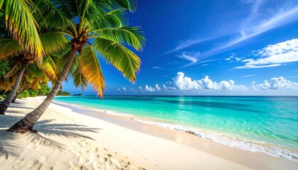 Paradise Beach: A stunning, vibrant beach scene featuring swaying palm trees, crystal-clear turquoise waters gently lapping at pristine, white sand under a brilliant blue sky.