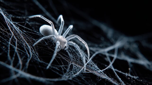 closeup of dewcovered artificial cobweb with plastic spider on black background for halloween