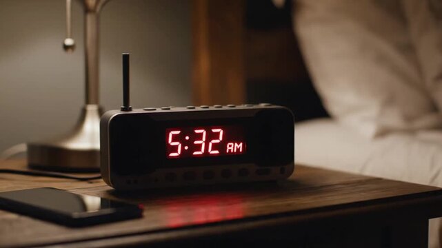 A close-up of a person's hand turning off a digital alarm clock that reads 5:32 AM, on a wooden bedside table in a dark room, starting the morning routine, waking up early, discipline, and the beginni