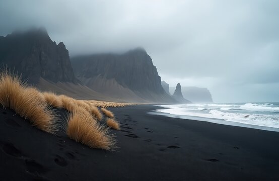 Jagged cliffs rise above Stokksnes black sand beach in Iceland. Tall dry grass lines the dark shore. Waves crash onto the coast under a cloudy sky. Dramatic wild nature scene.