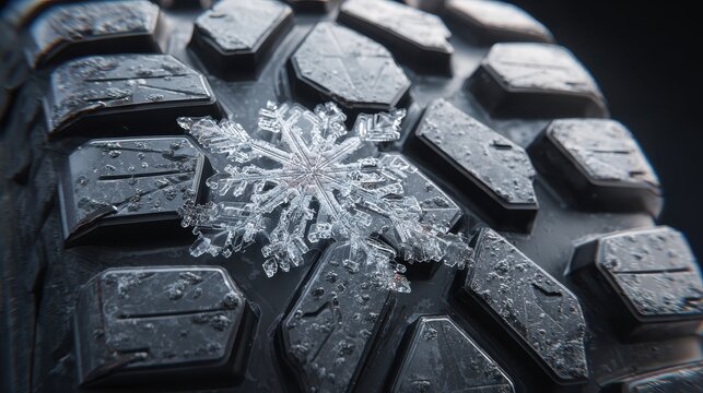 closeup view of winter tire tread featuring snowflake design for improved traction